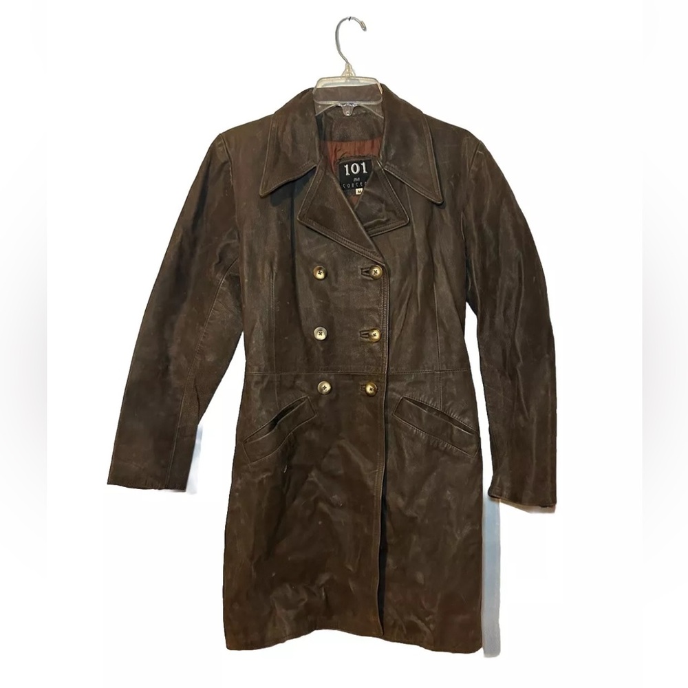 Vintage 70s Brown Leather Coat Knee Length Pointed Collar M Grunge England Made